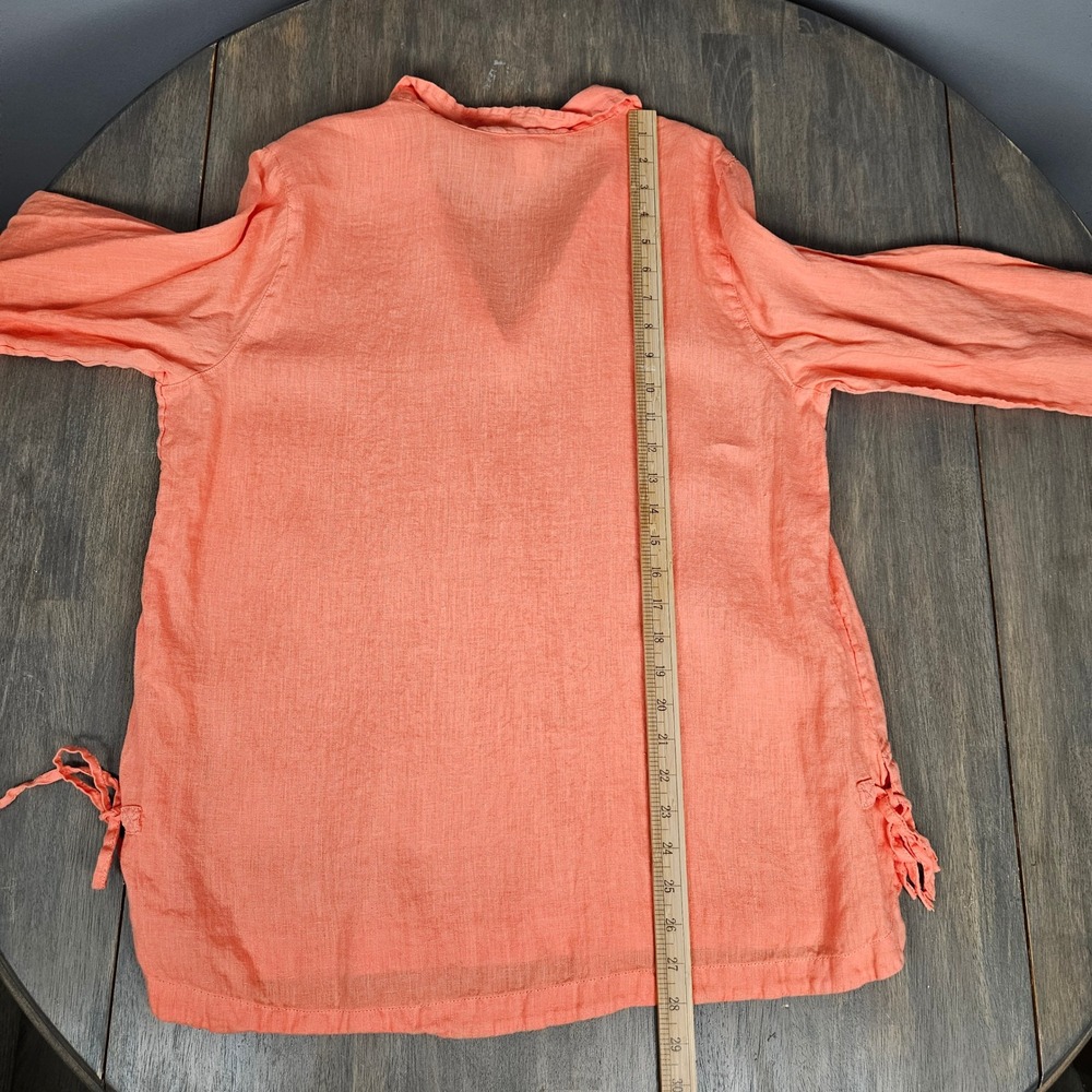 Isaac Mizrahi Women L Linen‎ Blouse 3/4 Sleeve Tie Hem Coastal Coral Resort Top - Picture 7 of 8
